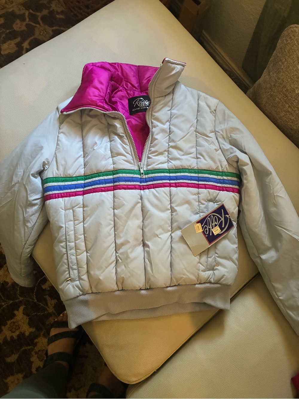 Retro Quilted Kids Pullover Jacket - White with Pink Lining Ski Jacket